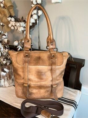 Bed Stu Leather Big Fork Crossbody Tote Shoulder Bag Tan Brown MSRP $365